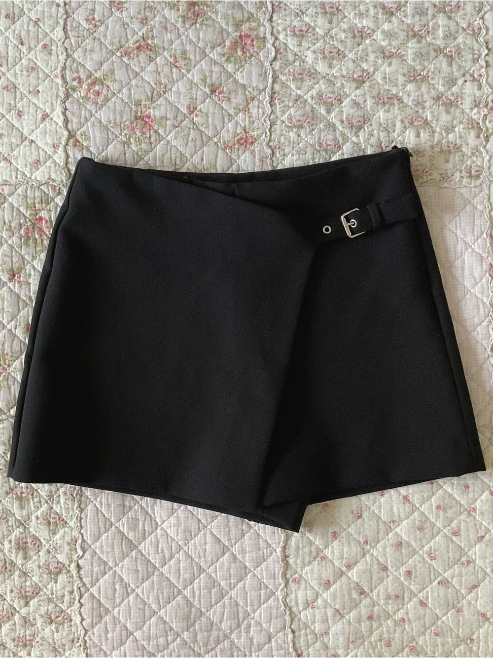 Black Wrap-Front Skort with Buckle